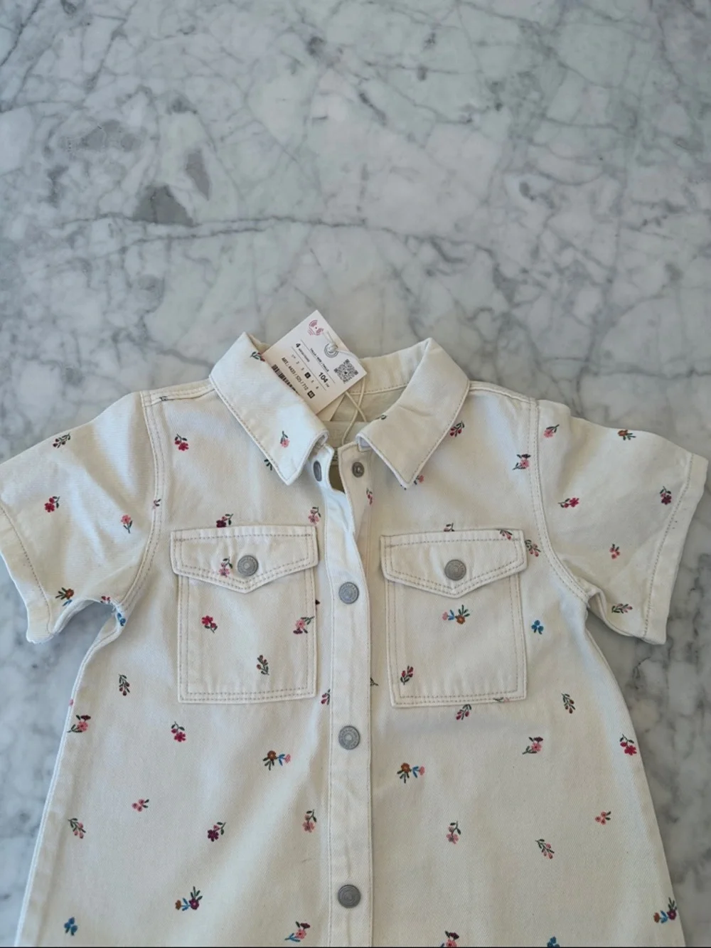 NWT ZARA Ivory Short-Sleeve Button Front Dress with Tiny Floral Embroidery 4Y